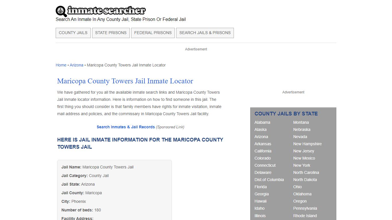 Maricopa County Towers Jail Inmate Locator - Inmate Searcher